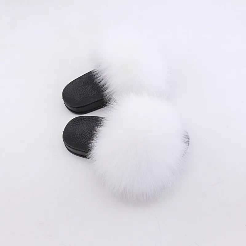 2020  Kids Real Fox Slippers Raccoon Slides Chinelos Menina Slippers Toddler Baby Girls Shoes fox fur slides fur slides for kids