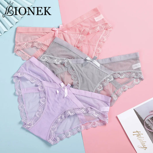 BIONEK Women's Panties Lace Underwear M-XL Sexy V Waist Briefs Girls Low-Rise Translucent Panty Women Underpants Female Lingerie