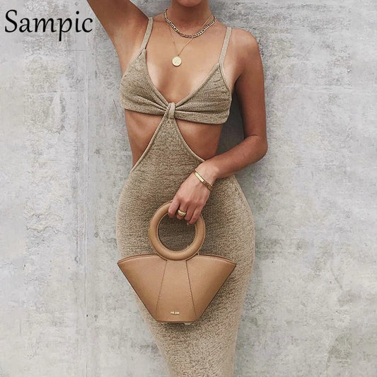 Sampic Women Summer Strap Hollow Out Sexy Long Party Bodycon Dress Maxi Ladies V Neck Backless Night Club Cut Out Wrap Dress