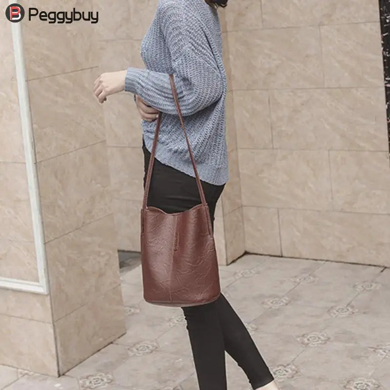 Women Fashion New Shoulder Bags Vintage Women Shoulder Crossbody Bag Leather Bucket Totes bolsa feminina Shopping Handbag