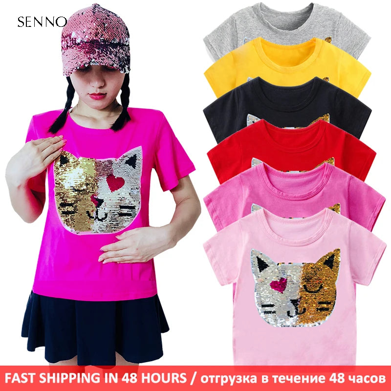 Girls Magic Glitter Reverse Sequin Top Color Changing Kids Girls T shirts Summer Kids Sequined T shirt Tops Children's Clothing