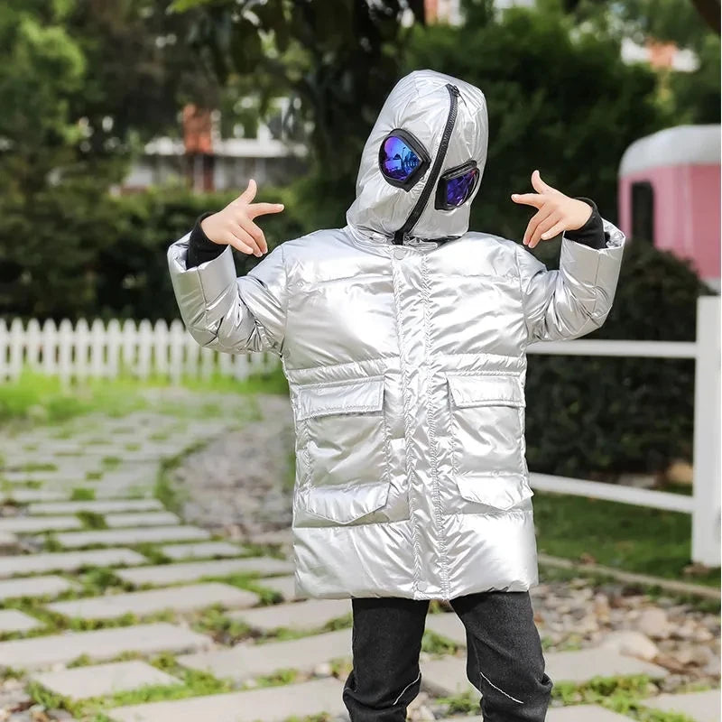 Boys Jacket New Winter Warm Cotton Down Parker Children Glasses Hooded Jacket Coat Length Handsome Kids Bright Clothing HPY203