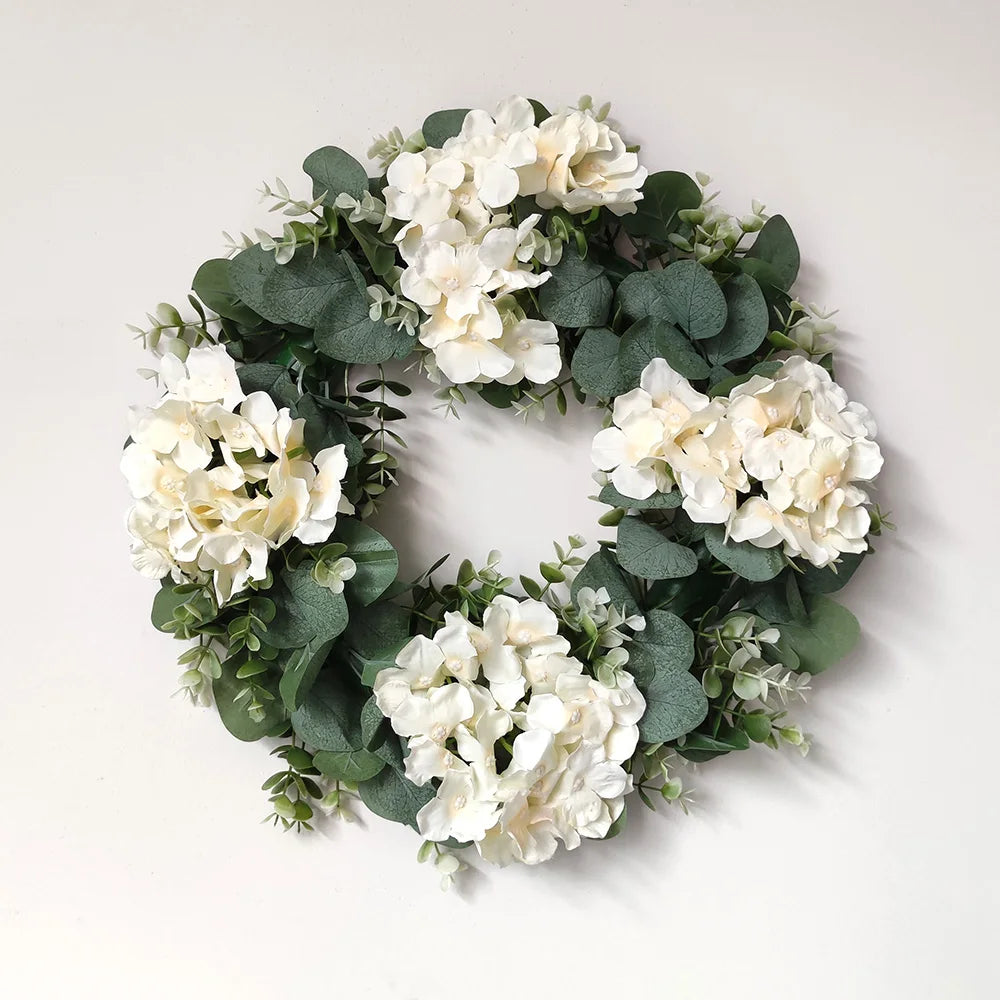 White Hydrangea Green Leaves Eucalyptus Garland Home Decor Artificial Flower Wreath For Wedding Decoration Christmas Ornament