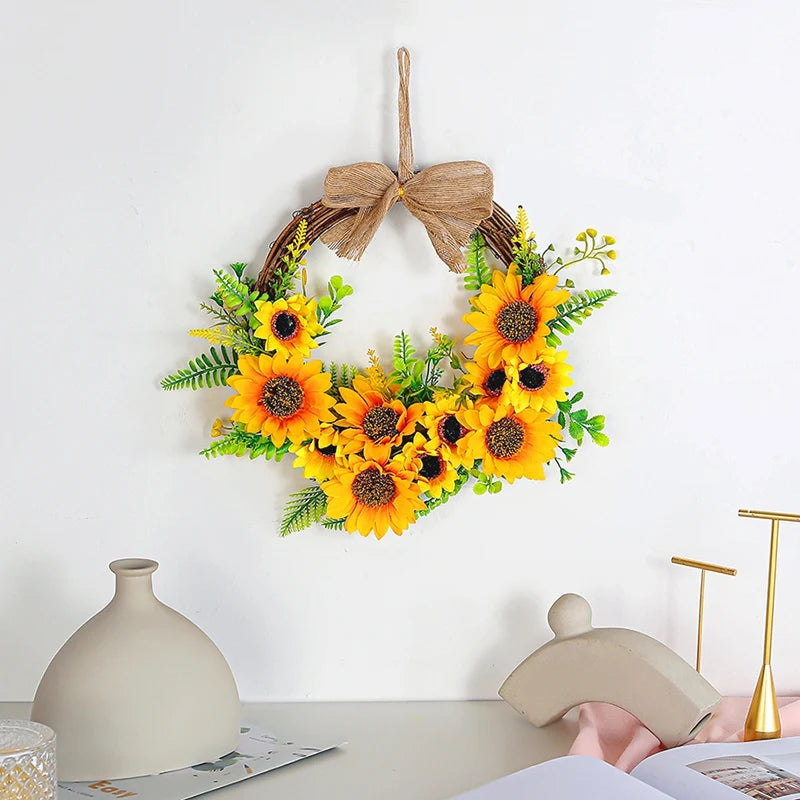 Artificial Sunflower Wreath 12 Inch  Autumn Wreath Sunflower Decoration Flower Wall Wedding Thanksgiving Halloween Decoration