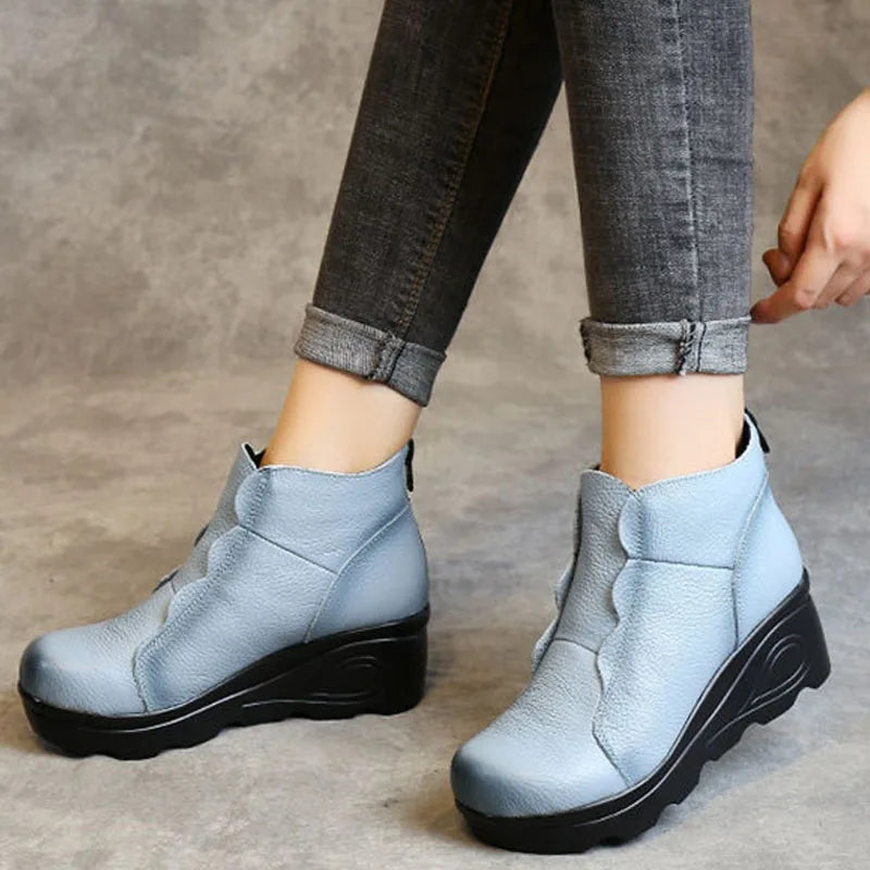 HOVINGEPlatform Zipper Ankle Winter Shoes Women Boots High Quality Height Increasing Ladies Shoes Cow Lerther Down Fashion Boot