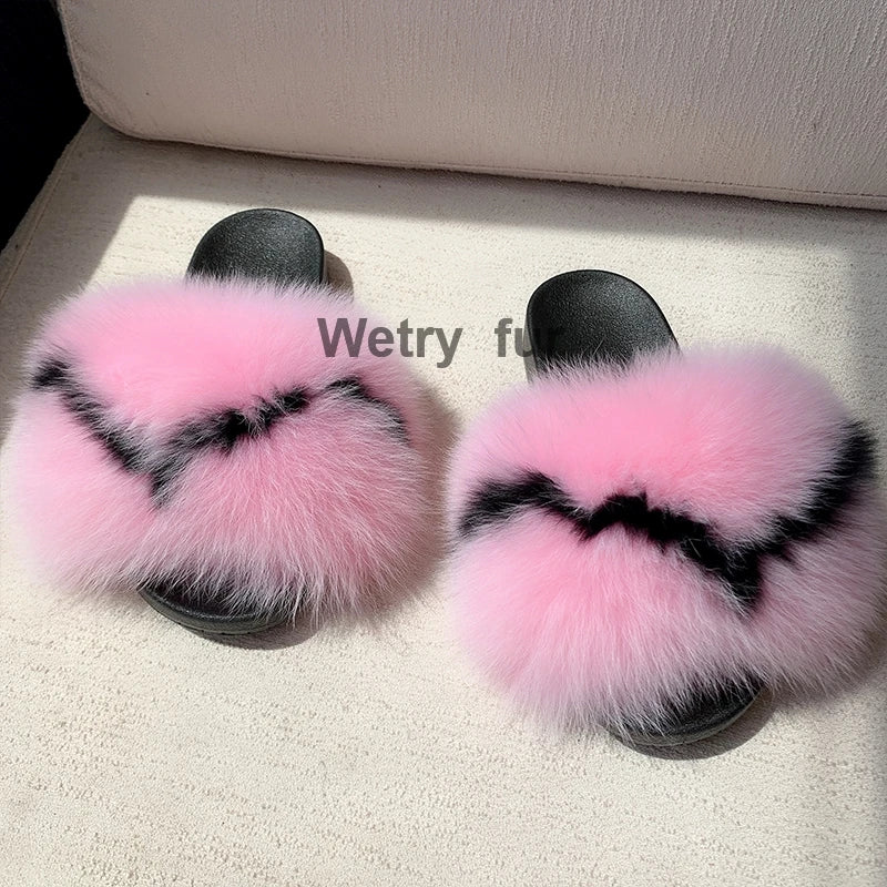 2020  Kids Real Fox Slippers Raccoon Slides Chinelos Menina Slippers Toddler Baby Girls Shoes fox fur slides fur slides for kids