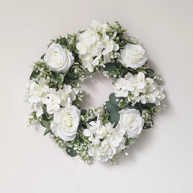 White Hydrangea Green Leaves Eucalyptus Garland Home Decor Artificial Flower Wreath For Wedding Decoration Christmas Ornament