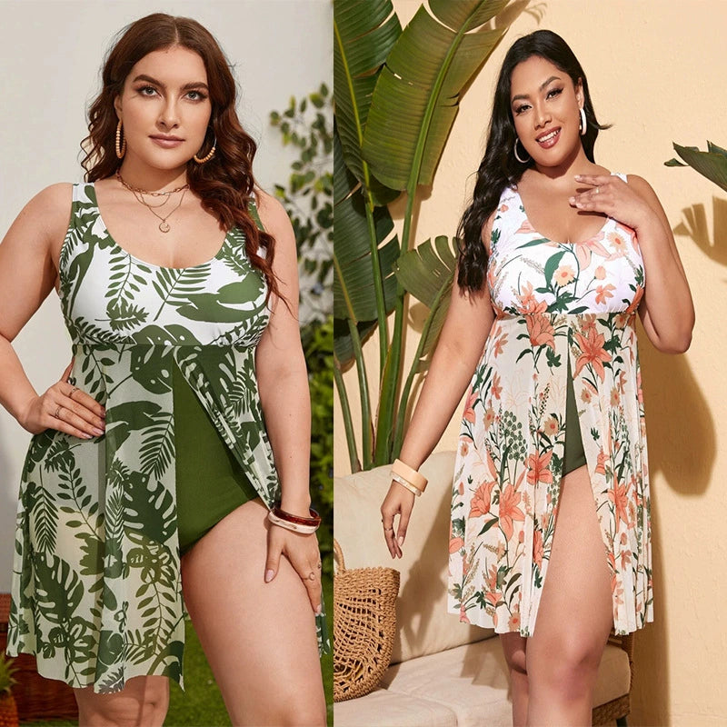 2023 New Swimsuit European and American plus Fat plus Size Conservative One-Piece Swimsuit Women's Sun-Proof Slim-Fit Belly-Covering Swimsuit