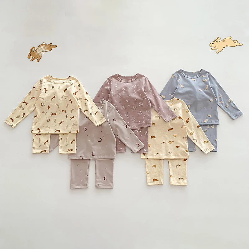 Baby Sleepwear Pajamas Set for Children Korean Girls Boy Round Neck Top and Bottom Kids Clothing Cotton Print Autumn Clothes