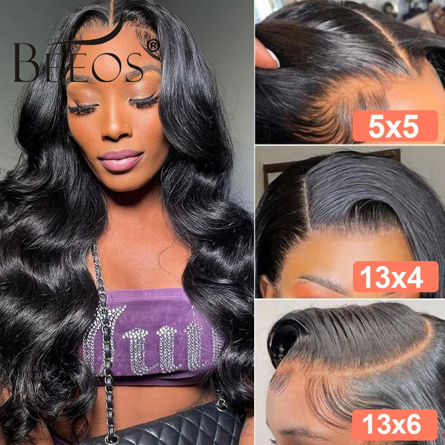 BEEOS 36in 250% Body Wave 13x6 HD Lace Frontal Wig Preplucked 13x4 HD Lace Frontal Human Hair Wigs For Women Melt Skin Brazilian