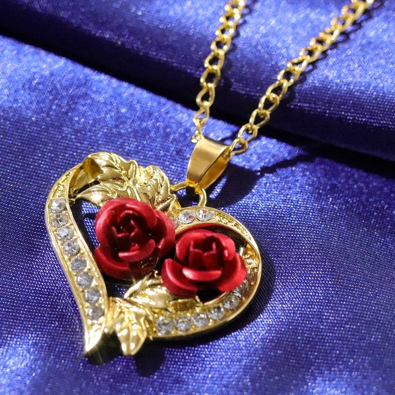 Fashion Income Double Heart Rose Necklace Exquisite Love Rose Represents Your Love Heart Gift for Your Beloved Girl