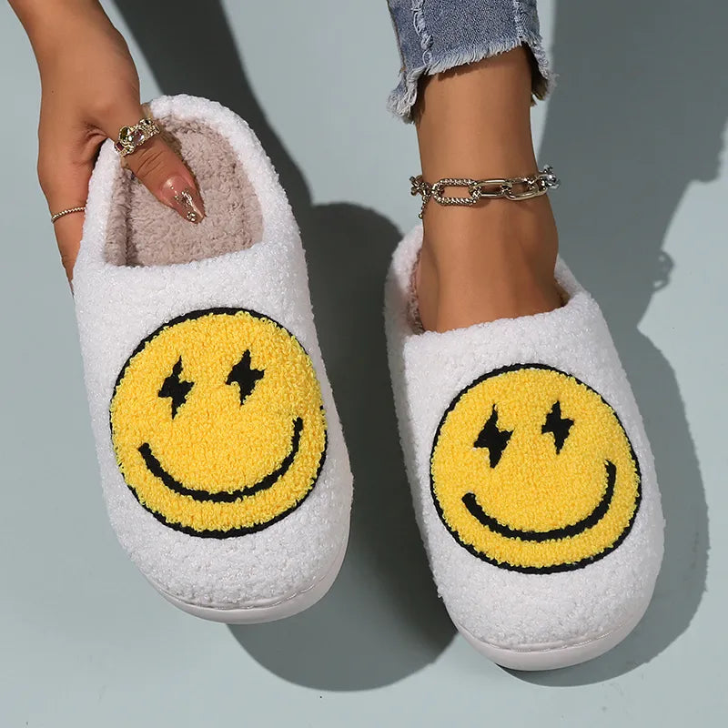 Cartoon Yellow Smile Slippers Women 2023 Winter Soft Sole Fluffy Fur Slippers Woman Flat Heels Plush Bedroom Home Cotton Shoes