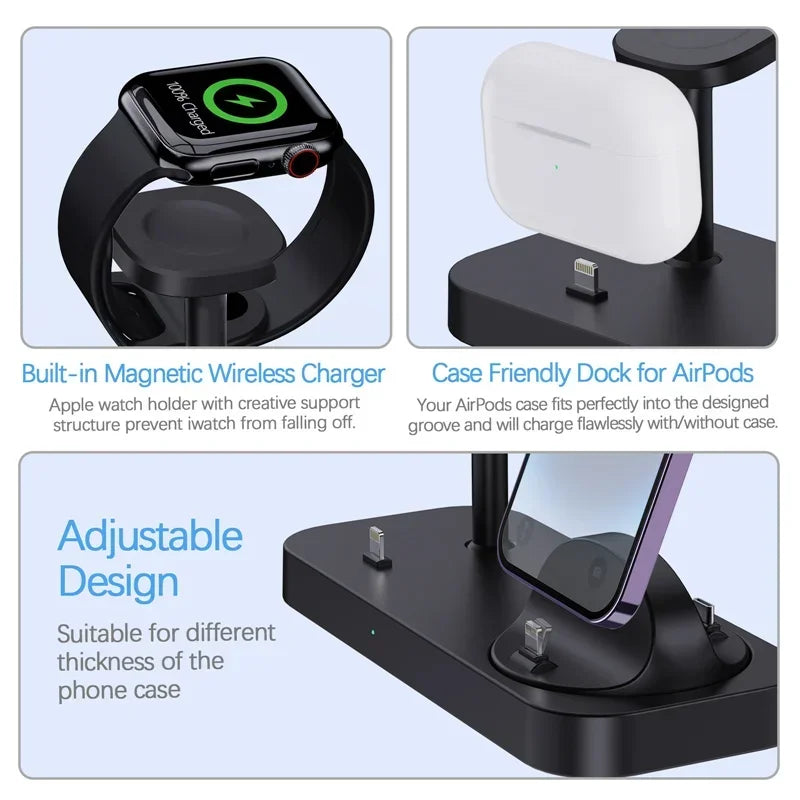 4 In 1 Wireless Charger Stand Pad Fast Charging Station Dock for iPhone 15 14 13 12 Pro Max Apple Watch 8 7 6 Ultra Airpods Pro