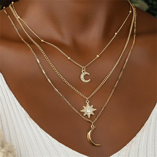 Boho Gold-plate Geometric Chain Crystal Moon Sun Pendant Necklace For Women Fashion Vintage Multilevel Metal Jewelry Wholesale