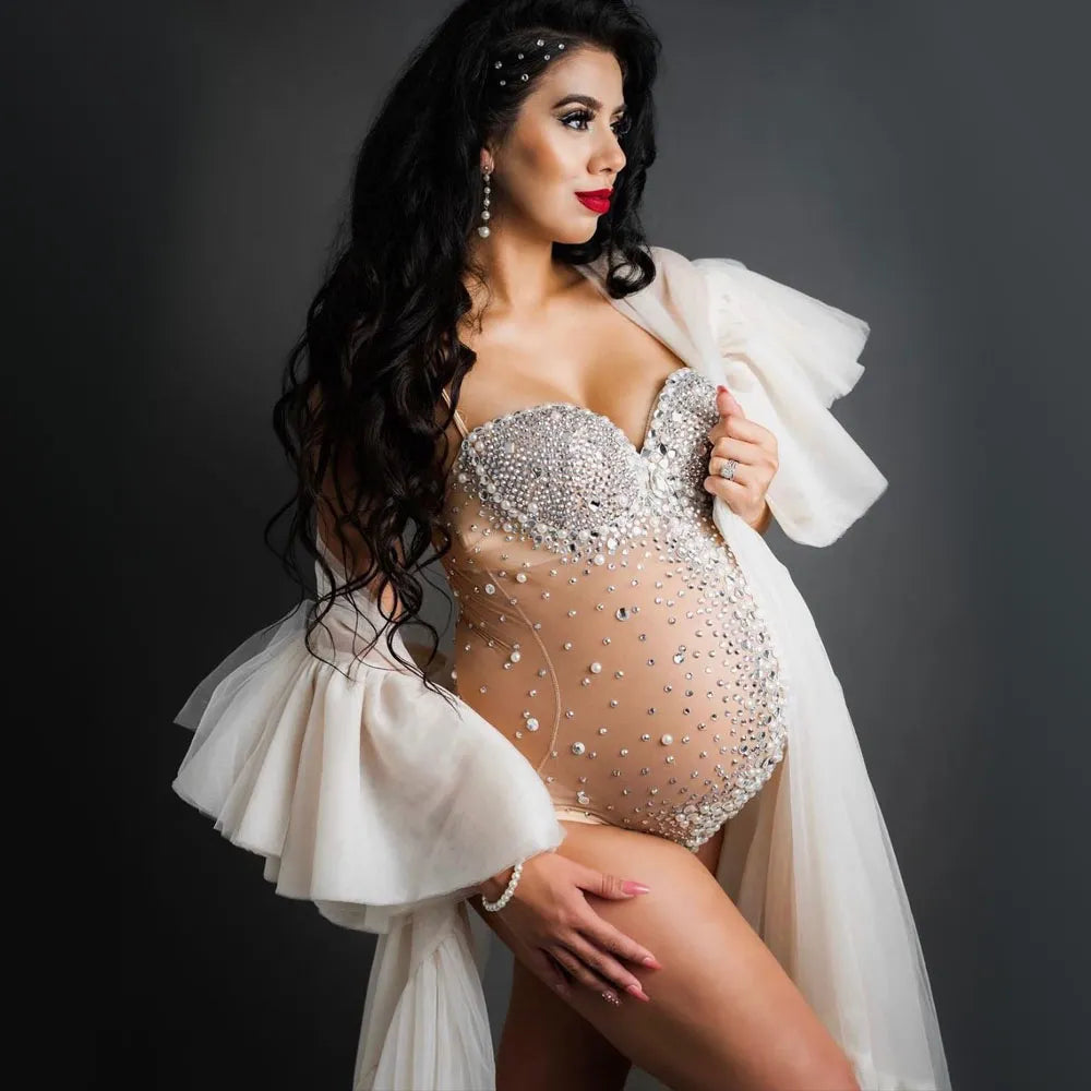 Stretchy Mesh Maternity Photoshoot Bodysuit With Crystals Shining Rhinestone Pregnancy Photography Bodysuit Skinny