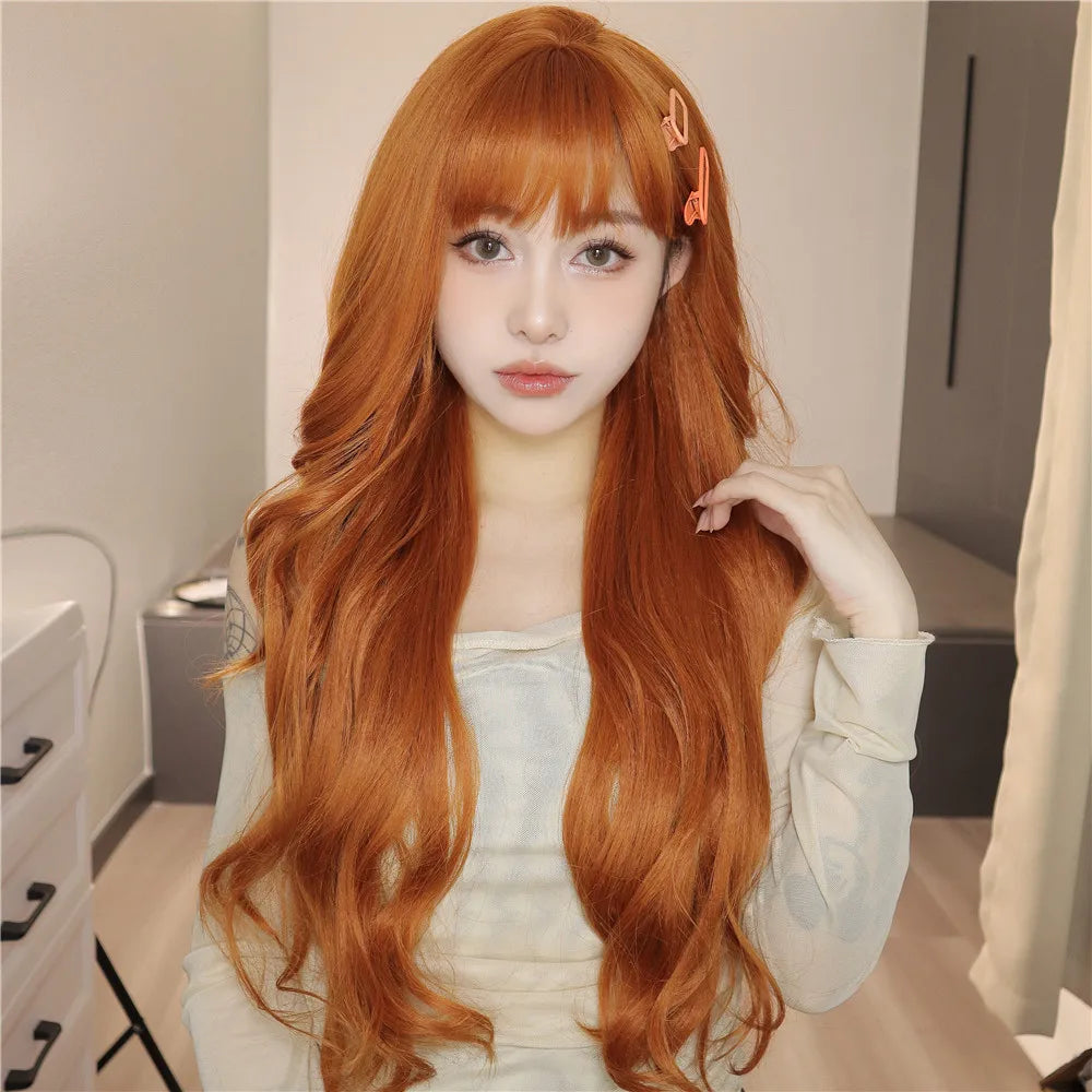 Long Orange Body Wavy Synthetic Wigs with Bangs for Women Natural Looking Copper Fake Hair Daily Party Wig Heat Resistant Fiber