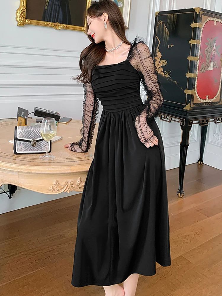 French Elegant Prom Dresses Woman Retro Chic Black Sheer Dot Mesh Folds Pleated Swing Robe Female Party Banquet Vestidos Mujer