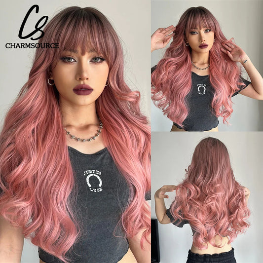 Long Wavy Hair with Neat Bangs Ombre Brown to Pink Wig Synthetic Wigs for Women Cosplay Daily Party Use Heat Resistant Fiber