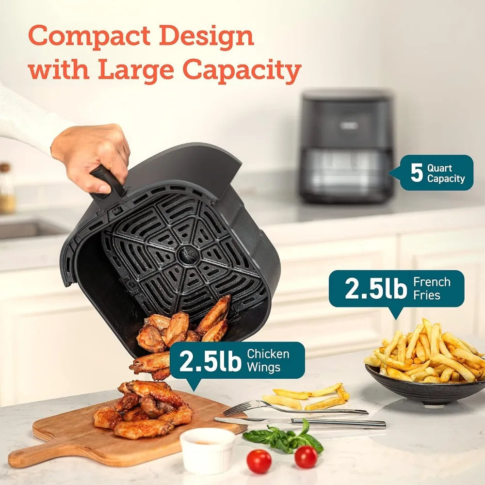 5-Qt Airfryer, Quick and Easy, UP to 450℉, Quiet, 85% Oil less, 130+ Recipes, 9 Customizable Functions, Compact, Dishwasher Safe