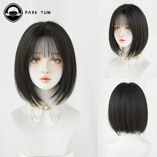 PARK YUN Short Straight Hair Women Wig With Dark brown Cospaly Daily Party Synthetic Wigs Heat Resistant Fiber Natural Fake Hair