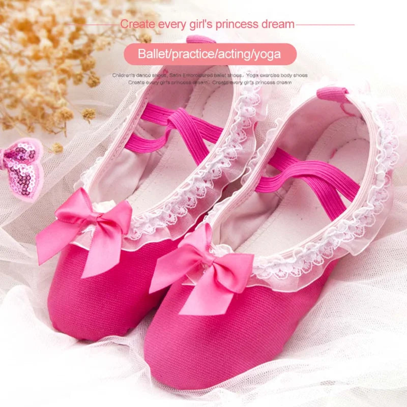 Cute Kid Girls Children Ballet Dance Shoes Women Adults Lace Kawaii Bow-knot Canvas Soft Sole Shoes Ballet Dancing Slippers