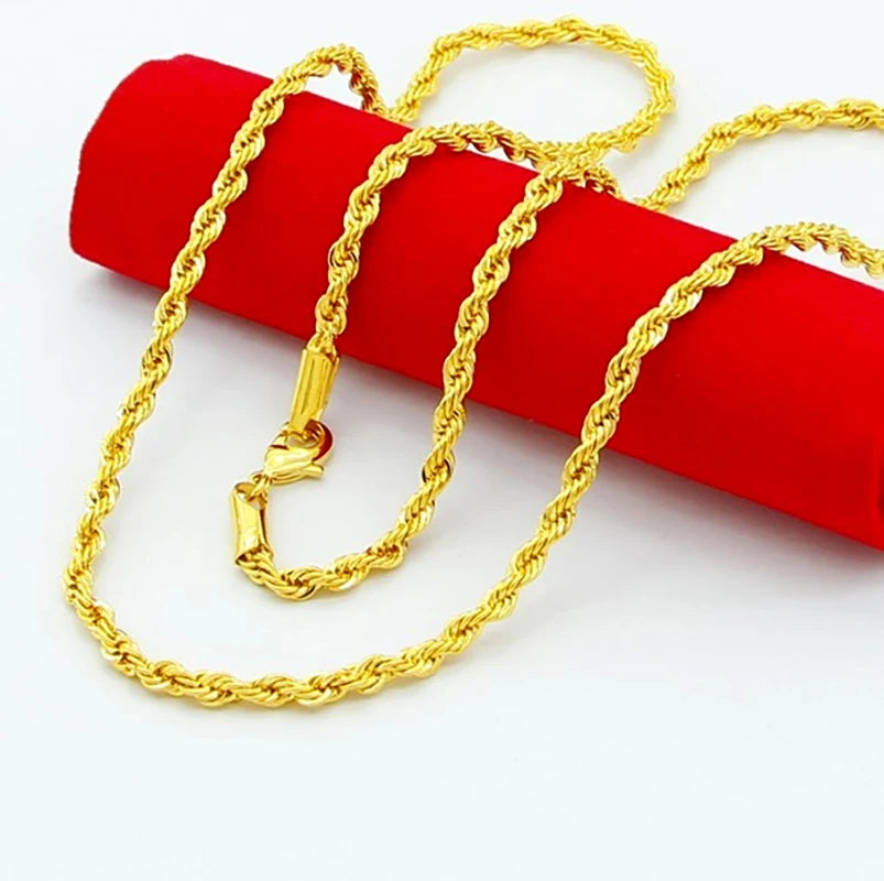 AGTEFFER Hip Hop 24K Gold Necklace 3MM Twisted Rope Twist Electroplating Gold Necklace for Men Women Wedding Jewelry Gifts