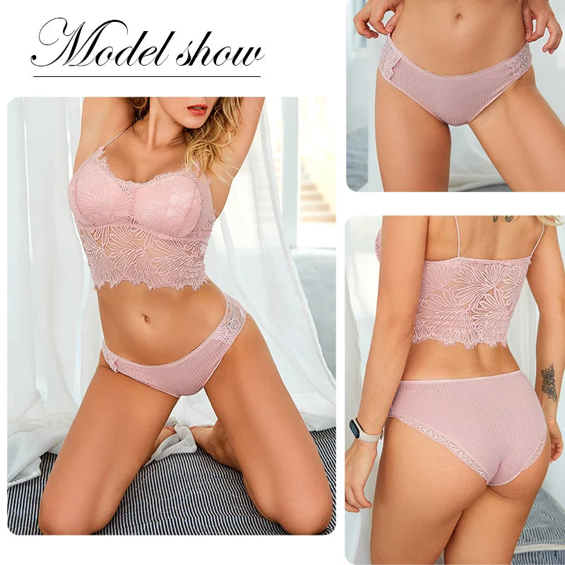 FINETOO 3Pcs/set Women Cotton Panties M-2XL Low-Rise Underwear Trendy Patchwork Lace Briefs Female Soft Underpants Lingerie 2024