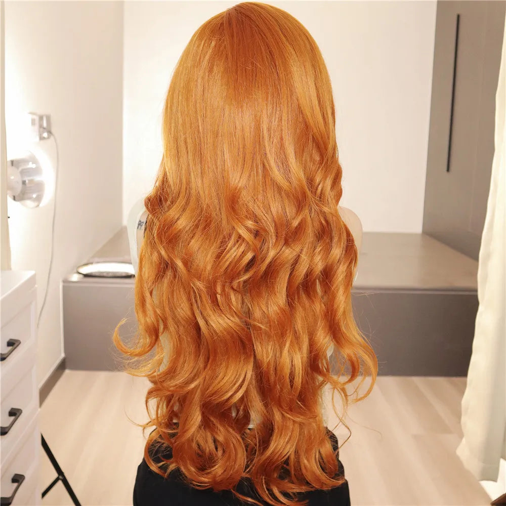 Long Orange Body Wavy Synthetic Wigs with Bangs for Women Natural Looking Copper Fake Hair Daily Party Wig Heat Resistant Fiber