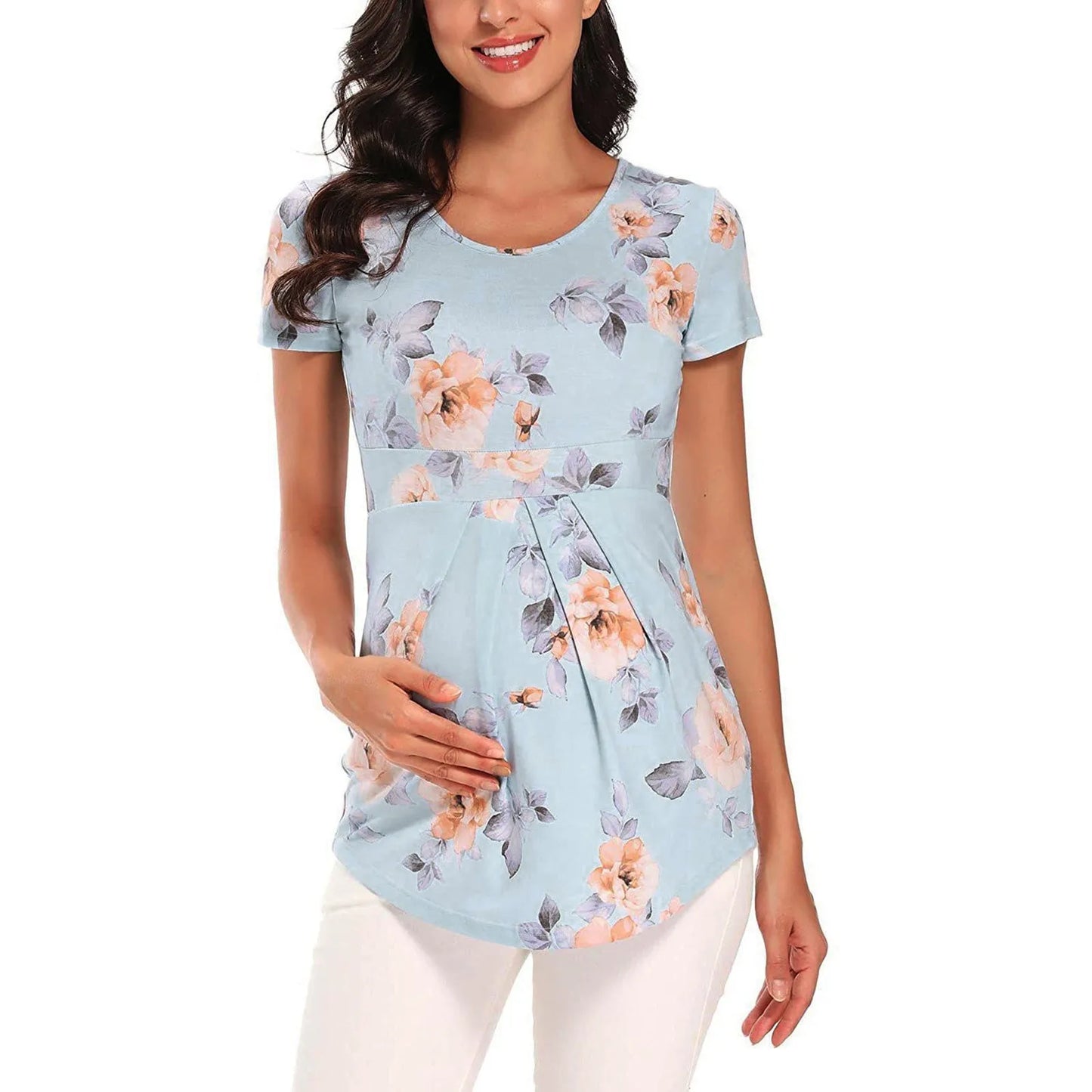 Fashion Women's Shirt Maternity Floral Printed Nursing Tops Breastfeeding Double Layer Soft Short Sleeve Top Pregnancy Clothes