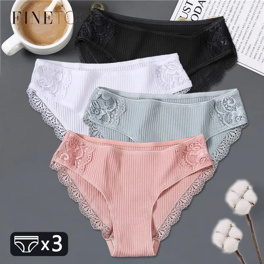 FINETOO 3Pcs/set Women Cotton Panties M-2XL Low-Rise Underwear Trendy Patchwork Lace Briefs Female Soft Underpants Lingerie 2024