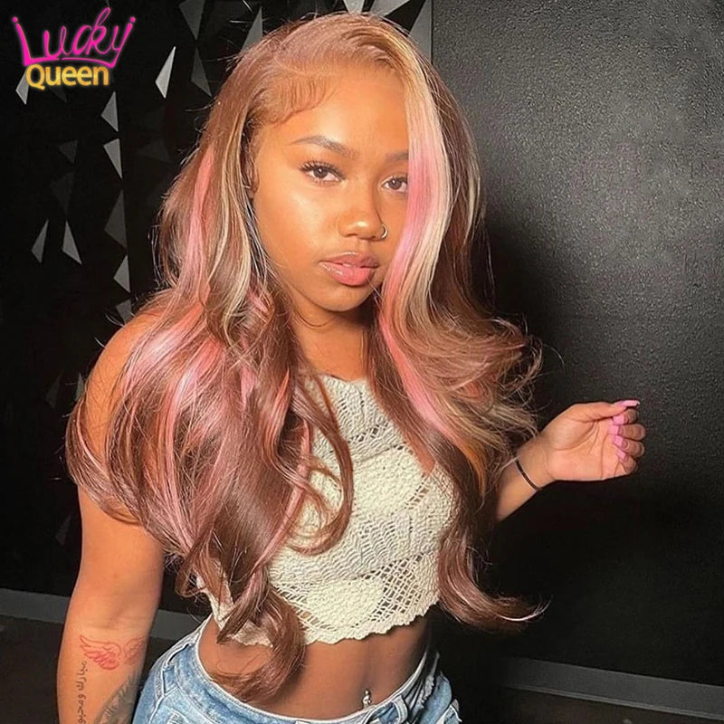 Highlight Pink Brown Colored 5X5 Lace Closure Wig Pre Plucked 100% Human Hair Wig for Women Transparent Lace 13X4 Frontal Wig