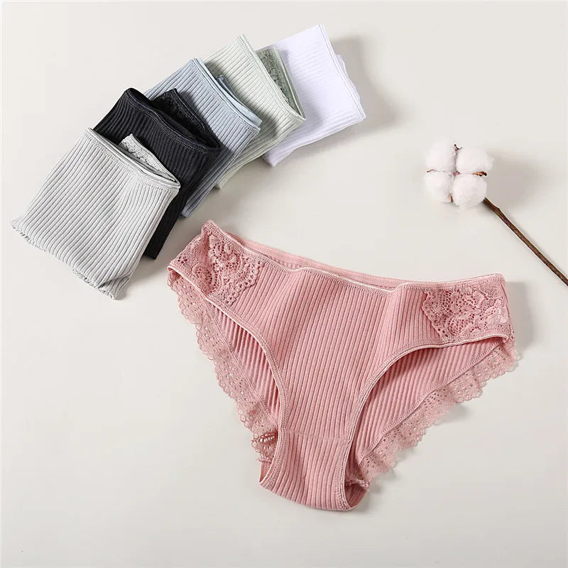 FINETOO 3Pcs/set Women Cotton Panties M-2XL Low-Rise Underwear Trendy Patchwork Lace Briefs Female Soft Underpants Lingerie 2024