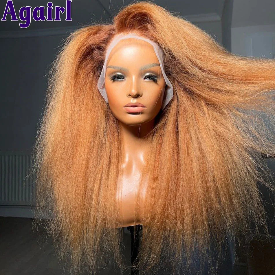 180% Orange Brown Yaki Kinky Straight Human Hair Wigs 13x4 13x6 HD Lace Frontal Wig Pre Plucked Glueless 6x4 Lace Wigs for Women