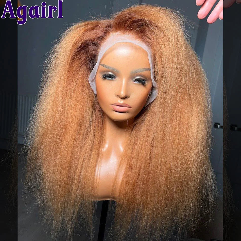 180% Orange Brown Yaki Kinky Straight Human Hair Wigs 13x4 13x6 HD Lace Frontal Wig Pre Plucked Glueless 6x4 Lace Wigs for Women