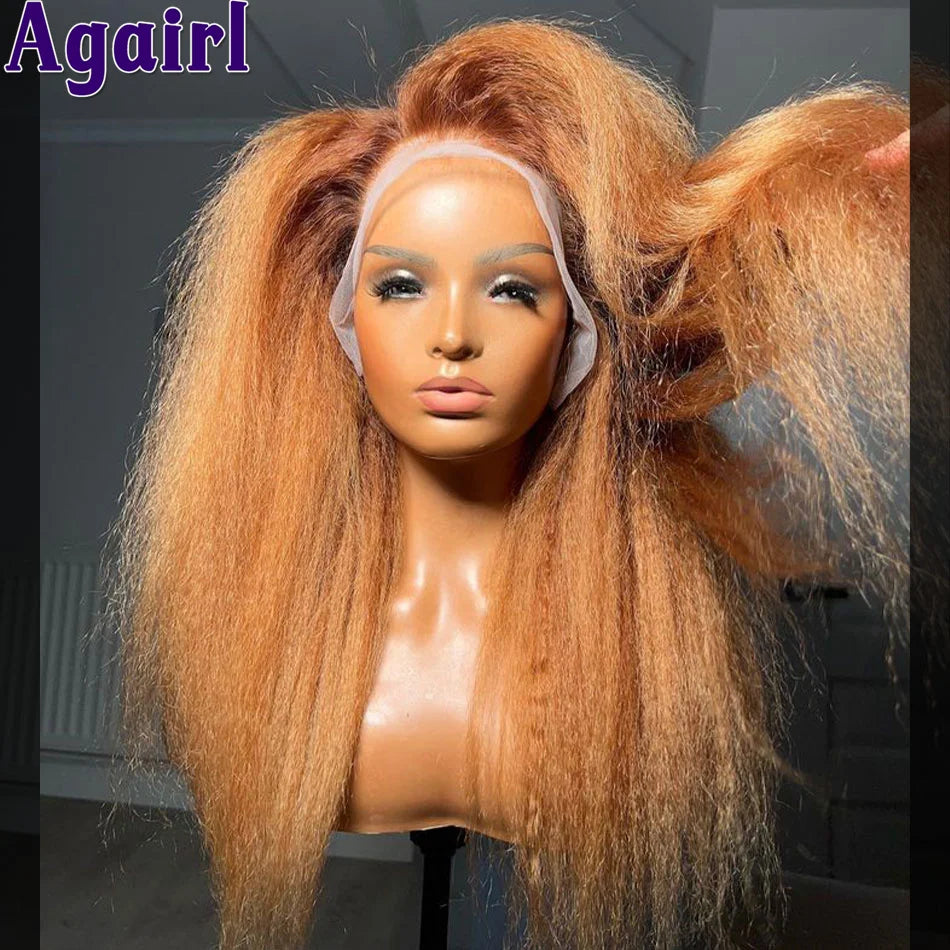 180% Orange Brown Yaki Kinky Straight Human Hair Wigs 13x4 13x6 HD Lace Frontal Wig Pre Plucked Glueless 6x4 Lace Wigs for Women