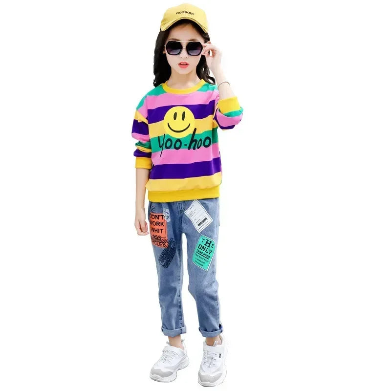 Summer Kids Toddler Girls Clothing Set Striped Smiley Shirt+Pant Short Sleeve Cotton Children Girls Clothes 4 5 6 7 8 9 10 years