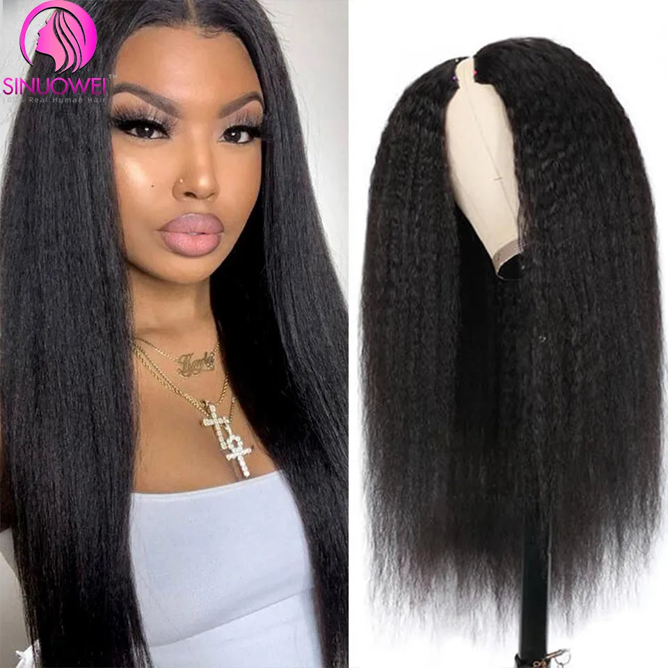 Brazilian U V Part Wig 100% Human Hair No Leave Out Kinky Straight Wig For Women V Part No Glue Natural Color Human Hair Wig