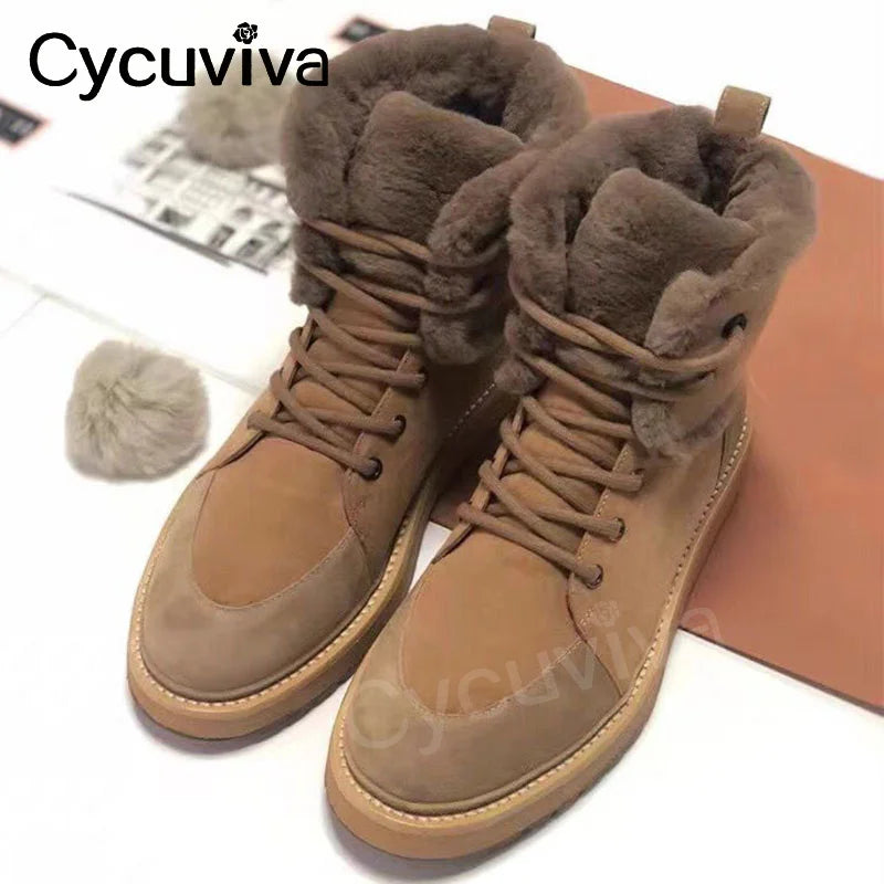 2023 New Natural Wool Snow Ankle Boots For Women Winter Warm Flat Platform Fur Shoes Lace Up Summer Walk Flat Knight Boots Women