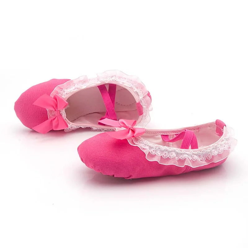 Cute Kid Girls Children Ballet Dance Shoes Women Adults Lace Kawaii Bow-knot Canvas Soft Sole Shoes Ballet Dancing Slippers