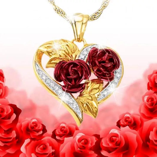 Fashion Income Double Heart Rose Necklace Exquisite Love Rose Represents Your Love Heart Gift for Your Beloved Girl