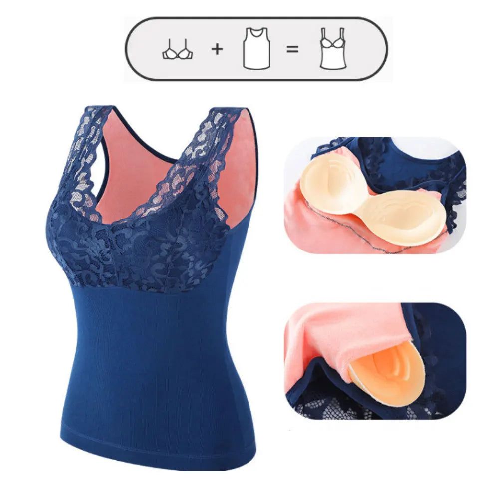 Thermal Underwear Women Top With Bra Fleece Camisole Plus Velvet Winter Seamless Sexy Lace V-neck Warm Lingerie Fleece Camisole