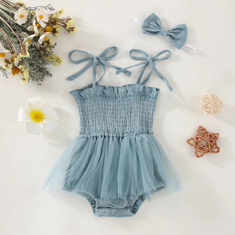 Newborn Baby Girl Clothes Spaghetti Straps Smocked Rompers with Tutu Skirt Toddler Bodysuit+Headband