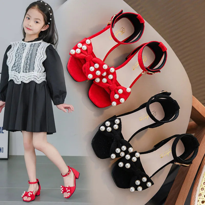 Girls' Elegant Princess Sandals Crystal Beads Lacquer Leather Children's Shoes Open Toe Low Heel Solid 2023 Summer New Kid Shoes