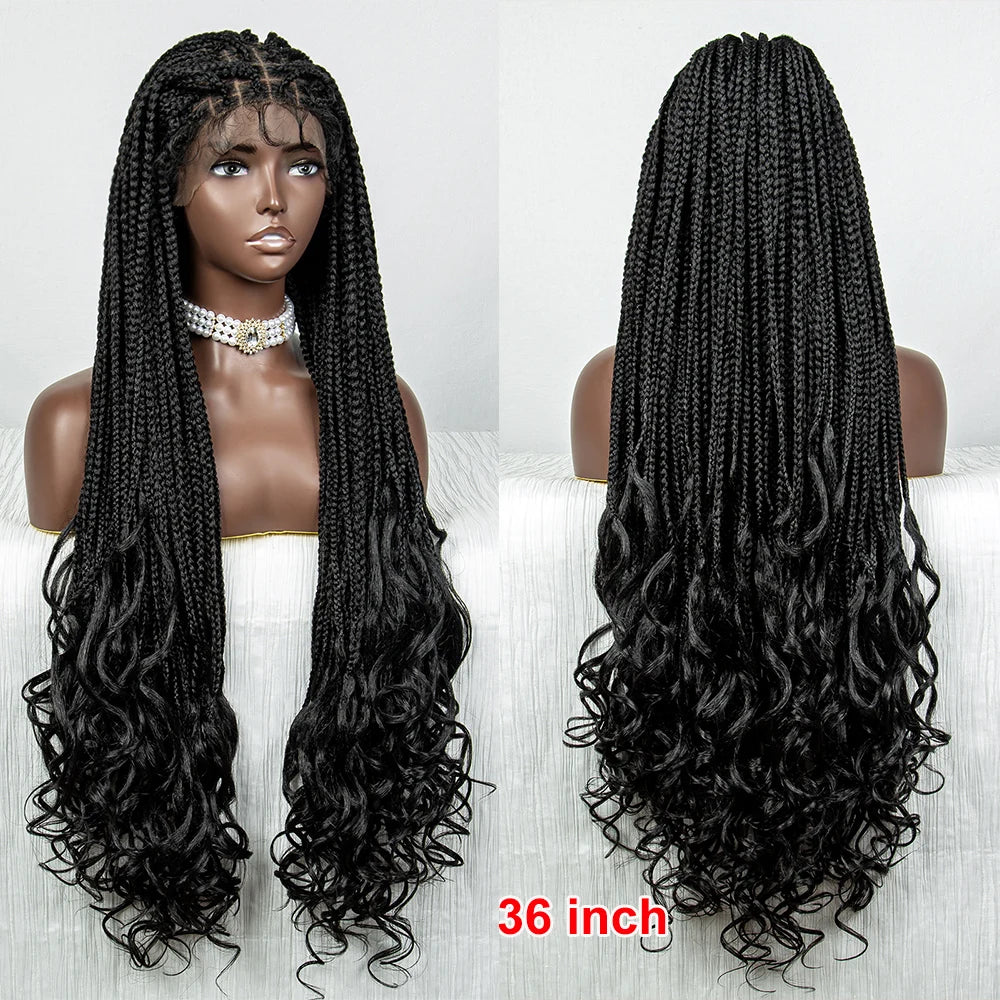 36 Inches Braided Wigs Synthetic Lace Front Wigs with Baby Hair Braided Wigs with Water Wave for Black Women Long Braided Wig