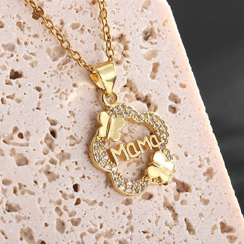 Exquisite Zircon Butterfly Letter Pendant Necklace Women's Petal Mom Jewelry Gift