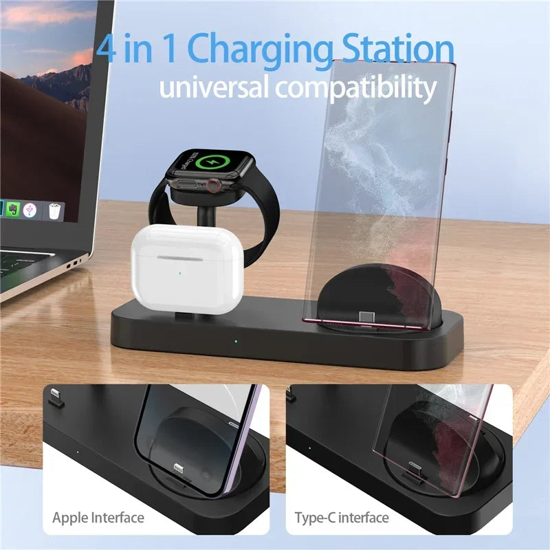 4 In 1 Wireless Charger Stand Pad Fast Charging Station Dock for iPhone 15 14 13 12 Pro Max Apple Watch 8 7 6 Ultra Airpods Pro