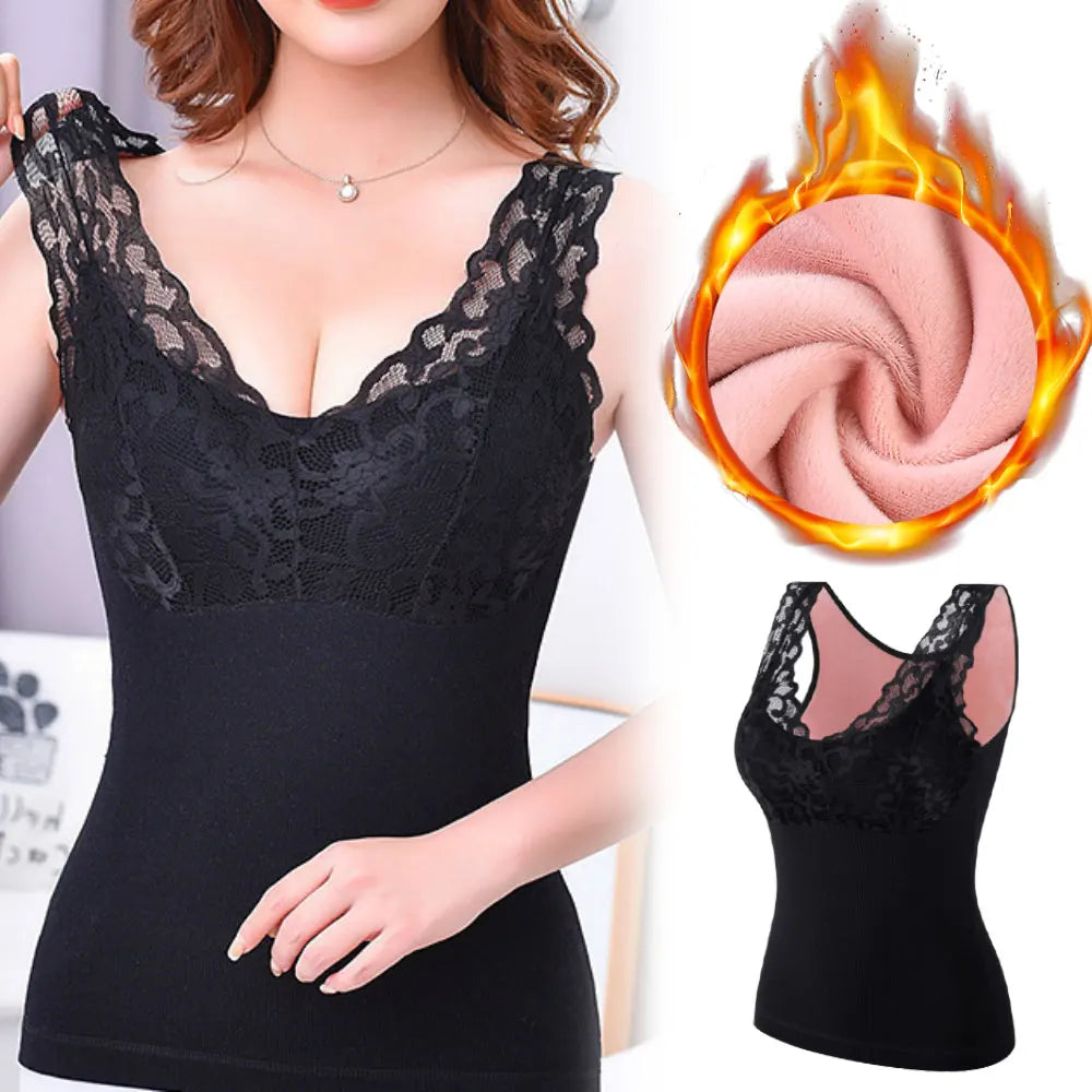 Thermal Underwear Women Top With Bra Fleece Camisole Plus Velvet Winter Seamless Sexy Lace V-neck Warm Lingerie Fleece Camisole