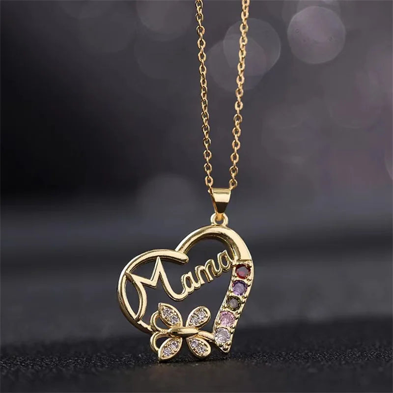 Classic Fashion Income Mom Pendant Necklace Cute Butterfly Heart Jewelry Anniversary Birthday Mother's Day Gift for Wife