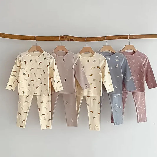 Baby Sleepwear Pajamas Set for Children Korean Girls Boy Round Neck Top and Bottom Kids Clothing Cotton Print Autumn Clothes