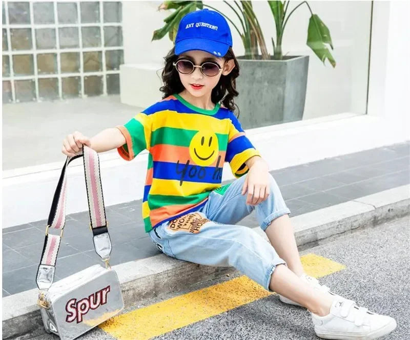 Summer Kids Toddler Girls Clothing Set Striped Smiley Shirt+Pant Short Sleeve Cotton Children Girls Clothes 4 5 6 7 8 9 10 years